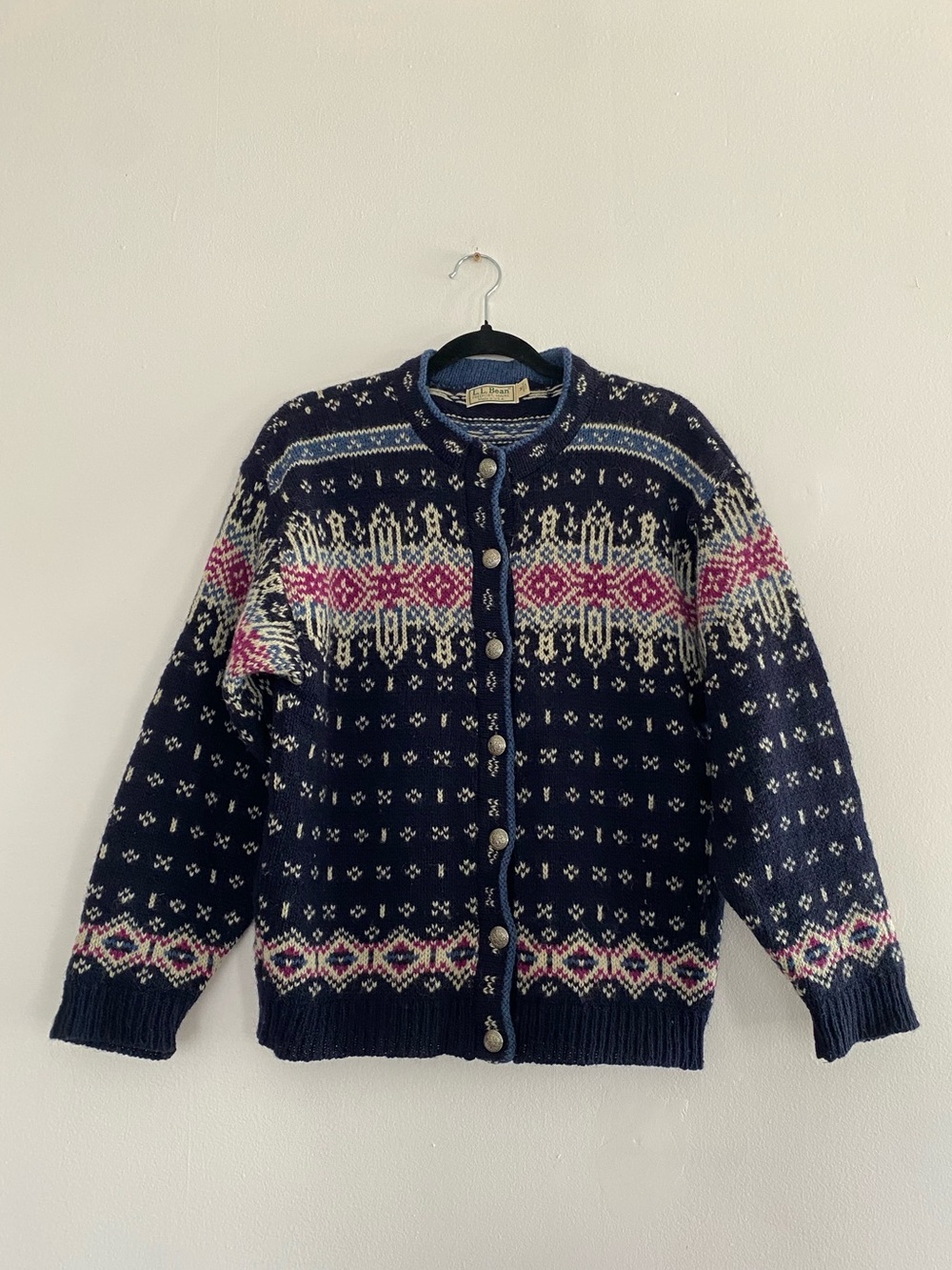 L.L. Bean Navy Fair Isle Button-Front Cardigan with Pink & Cream Accents